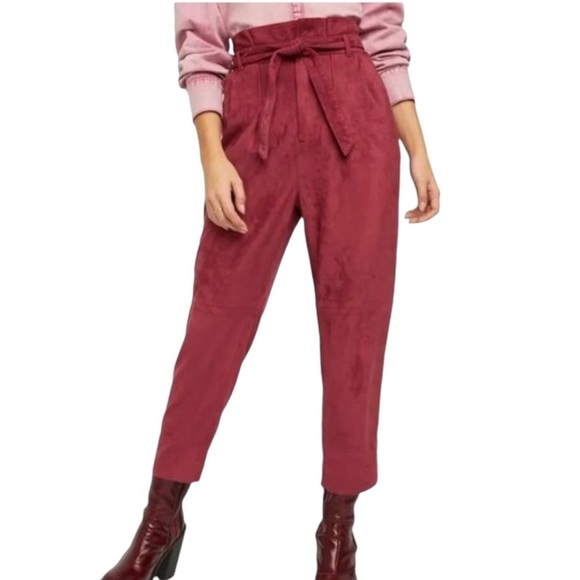 FREE PEOPLE Nightfall Vegan Suede Tie Belt High Waist Paperbag Pants Size 0 - Picture 1 of 16